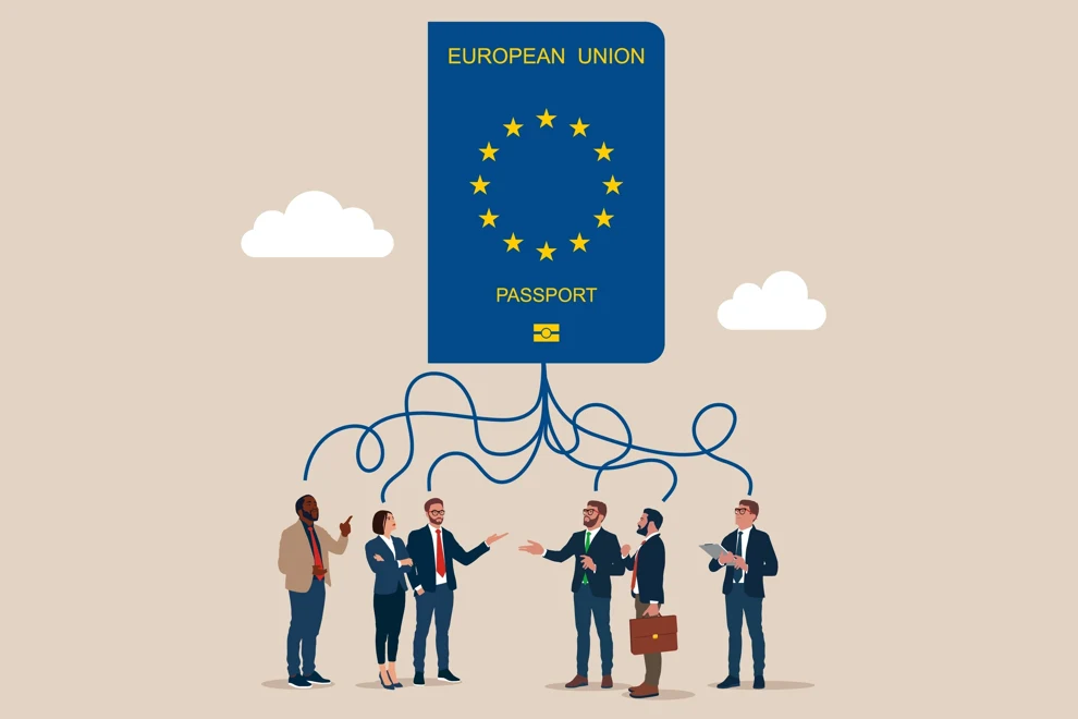 En grupp människor som står framför ett EU-pass.